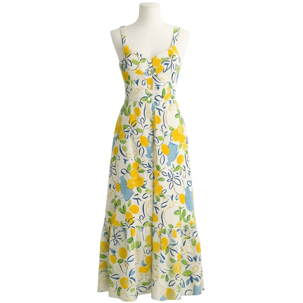 Zara Lemon Print Linen Mediterranean Midi Sundress - Size S